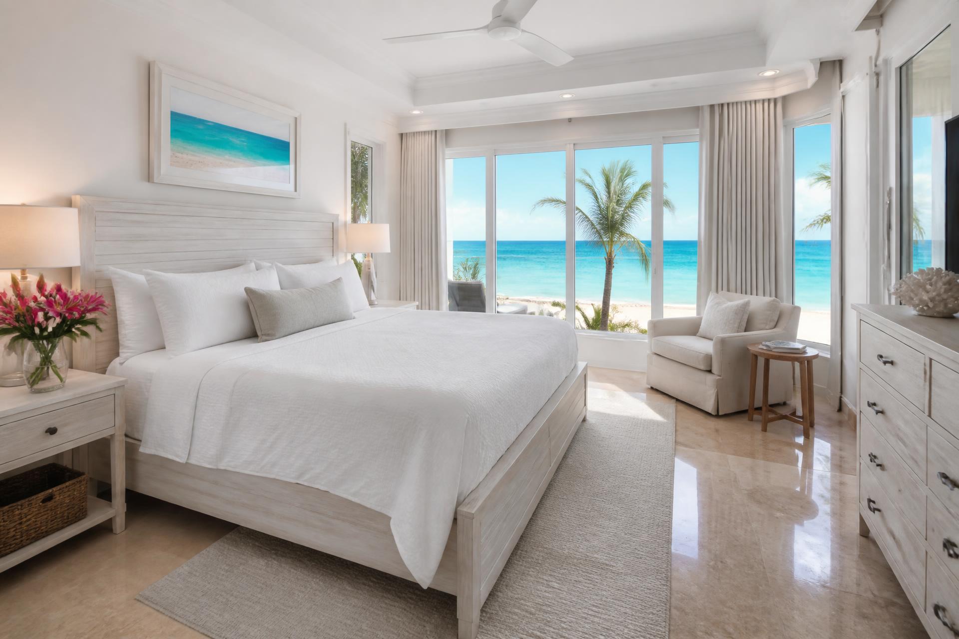 Bright, professionally cleaned luxury Cayman Islands bedroom overlooking Seven Mile Beach